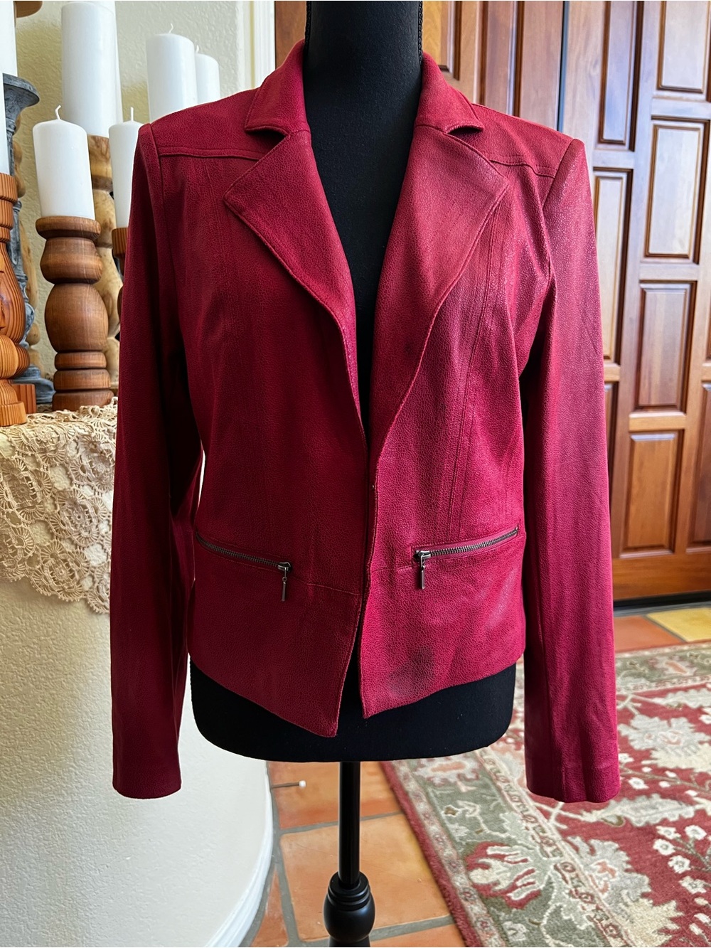 Charlie B Red Faux Suede Leather Jacket Size M Zipper Pockets Vegan Leather